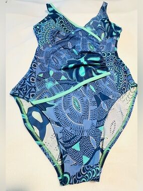 Tara Grins Blue Teal Gold Paisley One-Piece Overlay Swimsuit Made in USA 12
